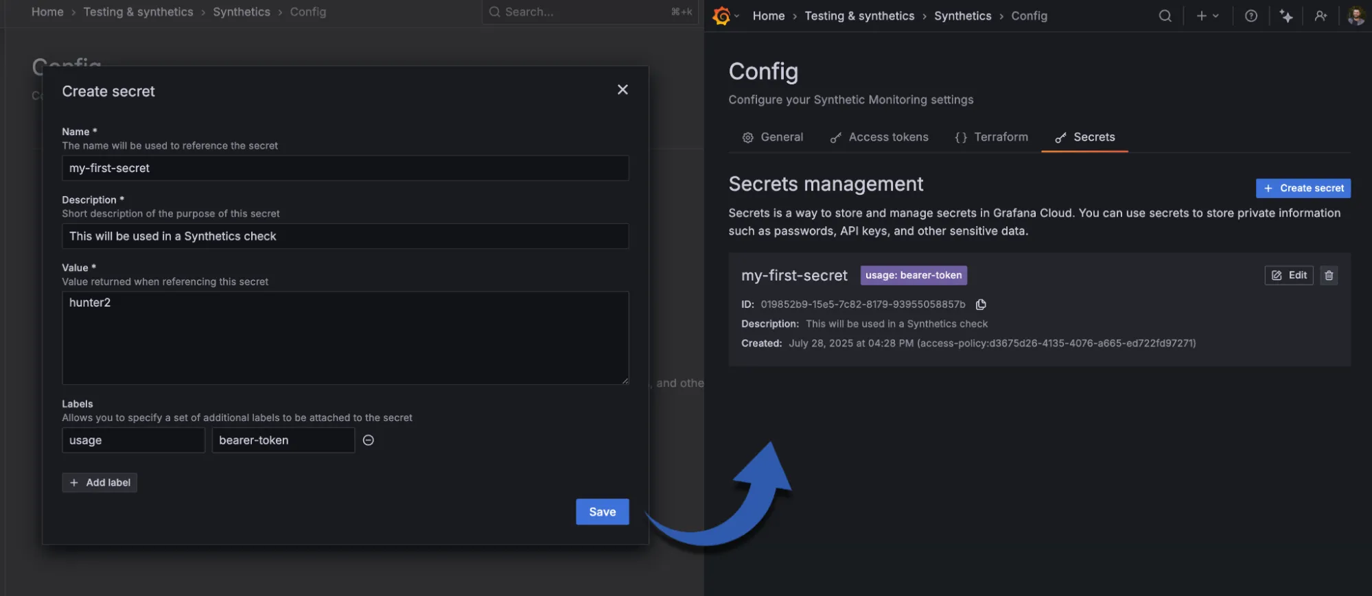 Synthetic Monitoring 用户界面截图，左侧显示“创建密钥”对话框，右侧是“密钥管理”部分。